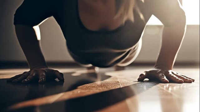 Woman performing a pushup exercise indoors on a yoga mat