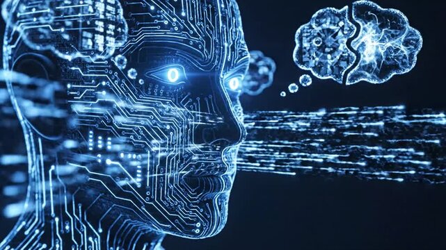 Digital Human Head with Circuitry and Thought Bubble Showing Data Streams artificial intelligence.
