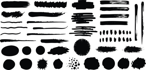 A set of artistic black brush strokes and ink elements for design projects