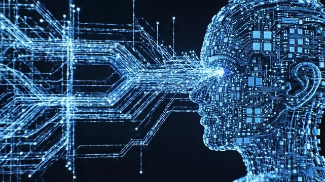 Digital human head with glowing blue circuit board patterns and light streams emanating from the eye.