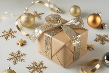 christmas gift box Elegant Christmas and Happy Holidays greeting card with ornaments and gifts on white background, winter top view flat lay