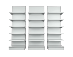 Three empty white shelves of varying heights stand aligned