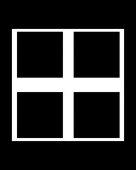 A simple graphic representation of four square panes forming a larger square, set against a stark black background