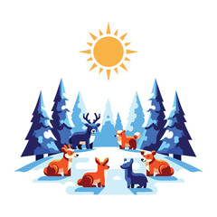 Fototapeta premium A digital illustration of a group of deer and a stag in a snowy forest clearing under a sunny sky. Perfect for children's books, educational materials, and wildlife presentations.