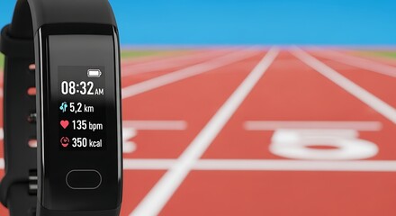 Fitness tracker health monitor on track for running and exercise with heart rate and calorie tracking