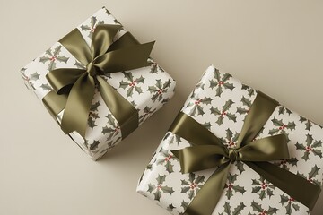 gift box with ribbon Elegant Christmas and Happy Holidays greeting card with ornaments and gifts on white background, winter top view flat lay