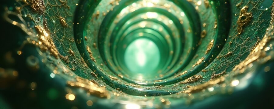 Intricate swirling green glass tunnel with gold accents. Abstract fractal pattern, metallic texture, sparkling lights. Deep perspective view into emerald void, mysterious glowing end. - Powered by Adobe