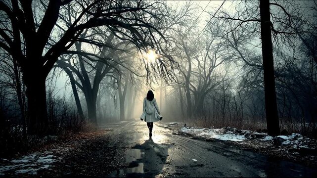 Misty Winter Forest Road at Dawn