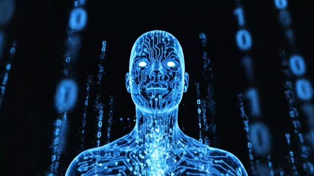 Humanoid form composed of glowing blue circuit board patterns and falling binary code body outline.