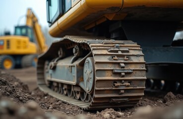 Close up view of dirty strong heavy excavator machine metal tracks on dusty construction site ground. Yellow digger equipment covered in dry dirt, mud. Powerful industrial vehicle stands ready on
