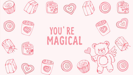 Winged teddy bear holding heart near cupcakes and candies on pink background with you're magical text
