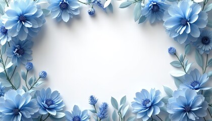 Fototapeta premium Soft blue flowers, leaves frame empty white space on clean background. Delicate floral border creates elegant decorative element for designs. Gentle bloom arrangement adds natural beauty to project.