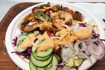 Healthy Grilled Chicken Salad with Vegetables and Creamy Dressing for Lunch or Dinner