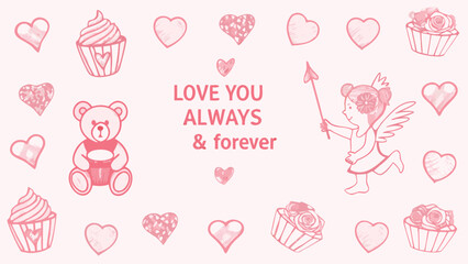Pink valentine's day design with teddy bear cupcake fairy silhouette