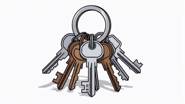Illustration of a bunch of metallic keys on a silver keyring isolated on a white background