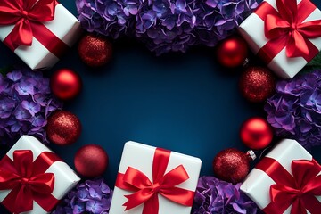 christmas gift boxes Holiday Christmas greeting frame with gifts and ornaments on green background, festive winter flat lay top view