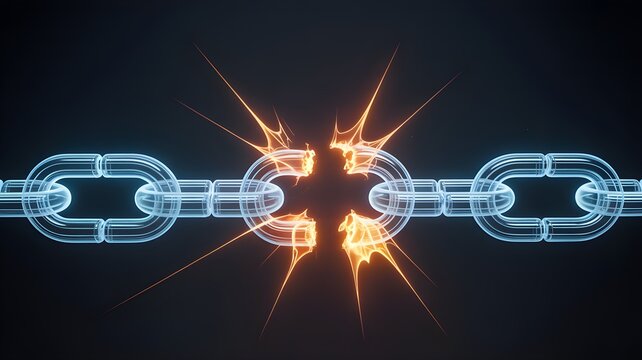 A glowing chain link snapping with spark at break point symbolizing supply chain security breach and resilience.