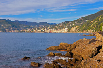 Panoramic view of Camogli and Punta Chiappa, in Liguria, Italy