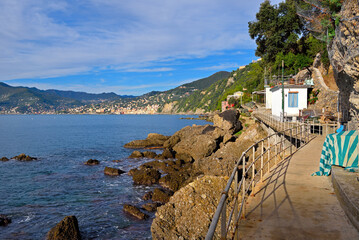 Panoramic view of Camogli and Punta Chiappa, in Liguria, Italy