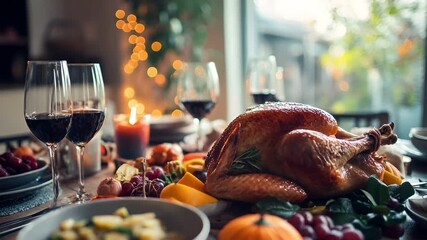 Thanksgiving holiday promotion theme. A closeup shot of a dining table set for a festive meal. The main subject is a roasted turkey with a sprig of rosemary on its neck.