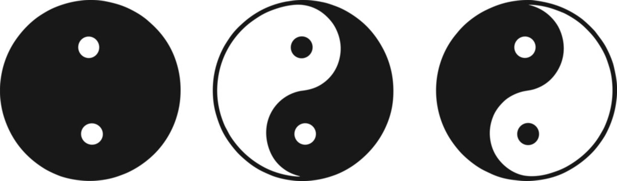 Yin yang symbol vector set showing balance and harmony concepts in black and white, minimalist Taoism philosophy icons isolated on white background