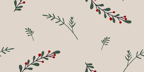 Hand-Drawn Holly Berry Branches Seamless Pattern