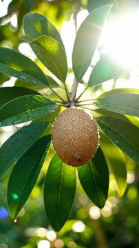 Close Up Sapodilla Fruit Hanging on Branch in Sunlight