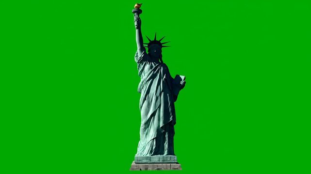 The iconic statue of liberty, standing majestically and holding her golden torch, is presented as a full-length, high-contrast silhouette against a vibrant green screen for easy compositing.