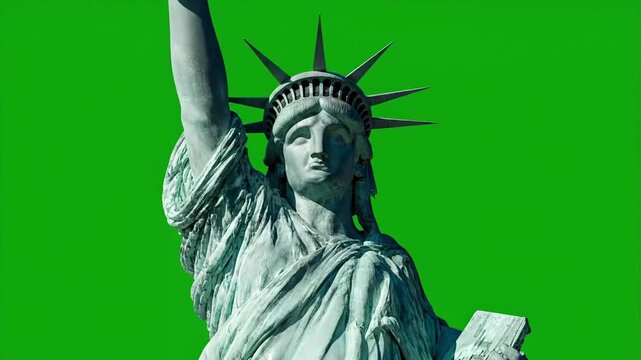 A patriotic close-up portrait of the iconic statue of liberty, featuring its teal patina and spiked crown, isolated against a bright green chroma key screen for easy compositing.