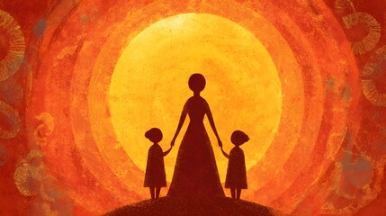Silhouetted female guardian holding hands with four young children against a large glowing orb