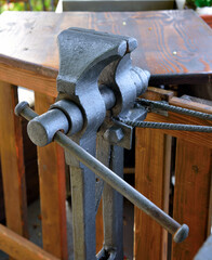 carpenter's vice, on a workbench at Punta Chiappa, Camogli, Liguria, Italy