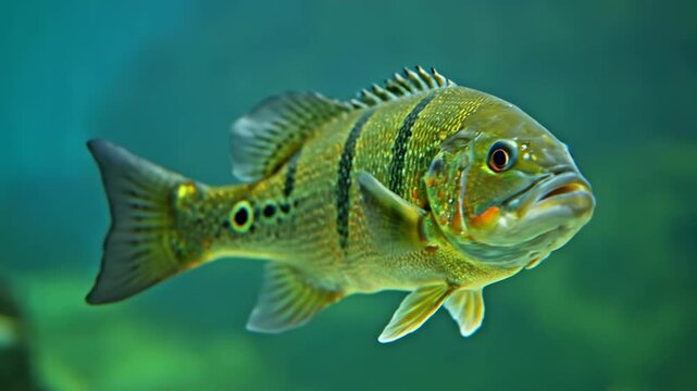 A detailed close-up shot captures a vibrant green peacock bass swimming gracefully, highlighting its black stripes and ocellus spot against a tranquil teal background.