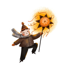 Happy slavic boy with christian star. Cartoon Ukrainian kid celebrate Christmas. Ukrainian traditions. Malanka and kolyadka. Carolers sing carols. Hand drawn illustration for xmas