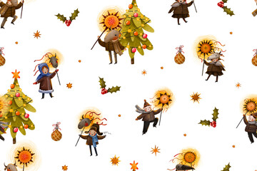 Obraz premium Christmas seamless pattern with Ukrainian kids and christian lighting star, spruce, new year. Watercolor hand drawn background.for winter holidays. Malanka Kolyadka and carolers sing carols