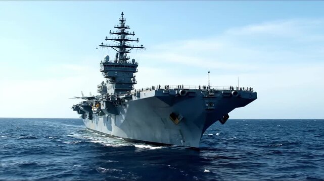 A massive us navy aircraft carrier powerfully cruises across the deep blue open ocean, captured in a wide-angle shot under a bright sky.
