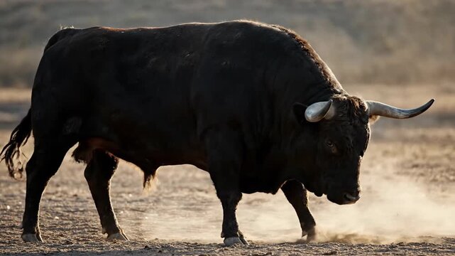 A powerful black fighting bull stands aggressively, kicking up dust in a dramatic backlit shot, emphasizing its muscular body and sharp horns against the dry, earthy background.