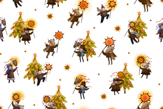 HAnd drawn seamless pattern with Ukrainian kids celebrate Christmas. Vertep, Kolyadka and carolers sing a carols illustration. Christian ortodox Ukraine traditions background. Christmas tree