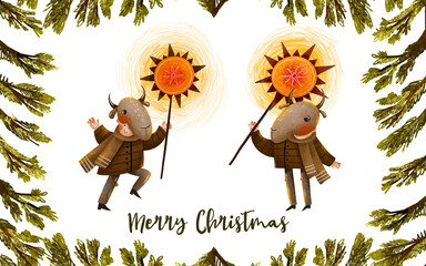 Greeting Christmas card with Ukrainian kids, goat mask  and christian lighting star. Spruce branches frame. Watercolor hand drawn poster for winter holidays. Malanka Kolyadka and carolers sing carols
