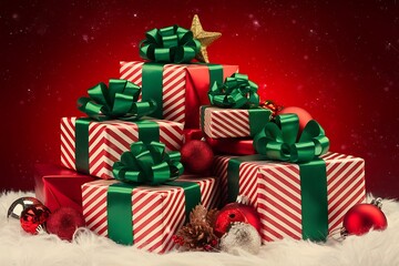 christmas tree with gifts Merry Christmas festive greeting card with ornaments and gift boxes on red background, winter holiday flat lay top view