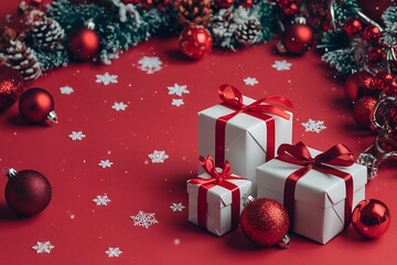 christmas gift box Merry Christmas festive greeting card with ornaments and gift boxes on red background, winter holiday flat lay top view