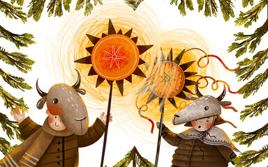 Greeting card with spruce branches, Ukrainian carolers with christian tradition star and goat mask. Winter holidays in Ukraine village Carols Vertep and Kolyadka Theatre hand drawn illustration poster