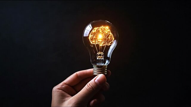 Hand holding glowing brain-shaped filament inside an old-style lightbulb on dark background
