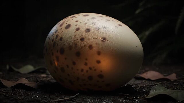 A mysterious speckled egg, dramatically illuminated with a warm amber glow from within, rests on the dark forest floor in a detailed close-up shot.