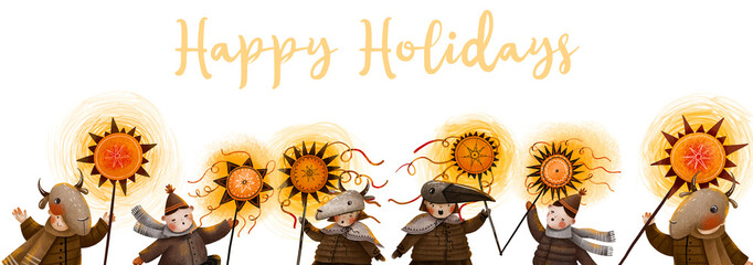 Banner poster Christian Ukrainian kids celebrate Christmas. Children with ighting religion stars. Carolers sing a carols. Hand drawn Ukrainian winter holiday illustration. Malanka, Kolyada theatre