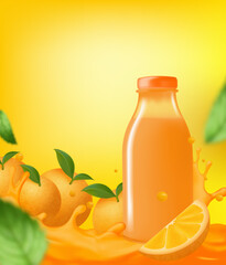 vector 3D orange juice bottle standing in a dynamic orange splash Surrounded by ripe oranges and green leaves Vibrant Ideal for beverage packaging or summer advertising