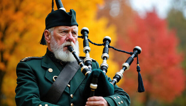 Elderly man wears green Scottish uniform plays bagpipes outdoors. He has white beard and cap. Autumn trees with red yellow leaves create a colorful background scene.