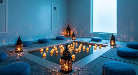 Illustration of a serene meditation room with candles and blue cushions in a peaceful indoor setting for relaxation and mindfulness practices