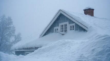 Wooden house largely covered by a massive snow accumulation, indicating harsh winter conditions and isolating the dwelling during an intense snowstorm or blizzard