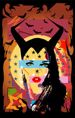 Horror witch, sexy girl with horns and moonlight