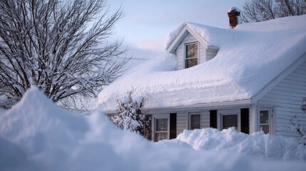 House roof and dormer window buried under thick, heavy snow after a severe winter blizzard, creating a challenging weather condition and cold environment